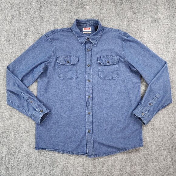 Wrangler Shirt Mens Large Blue Denim Long Sleeve Button Up Western Ranch Work - Picture 1 of 16